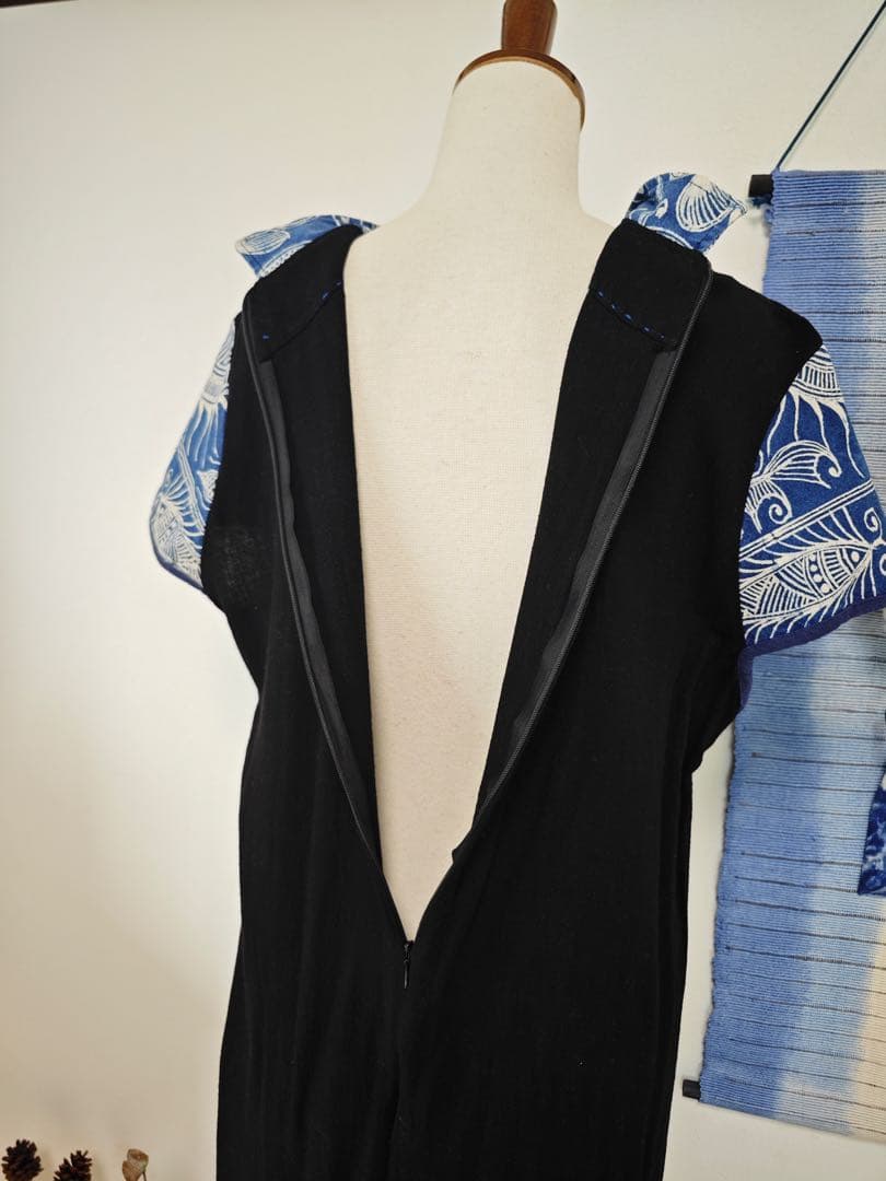 藍染　ろうけつ染め　刺し子パッチワークロングワンピース　ハンドメイド