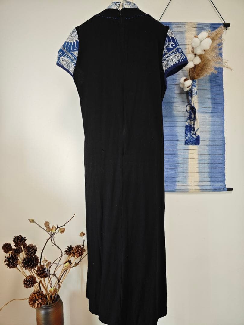 藍染　ろうけつ染め　刺し子パッチワークロングワンピース　ハンドメイド