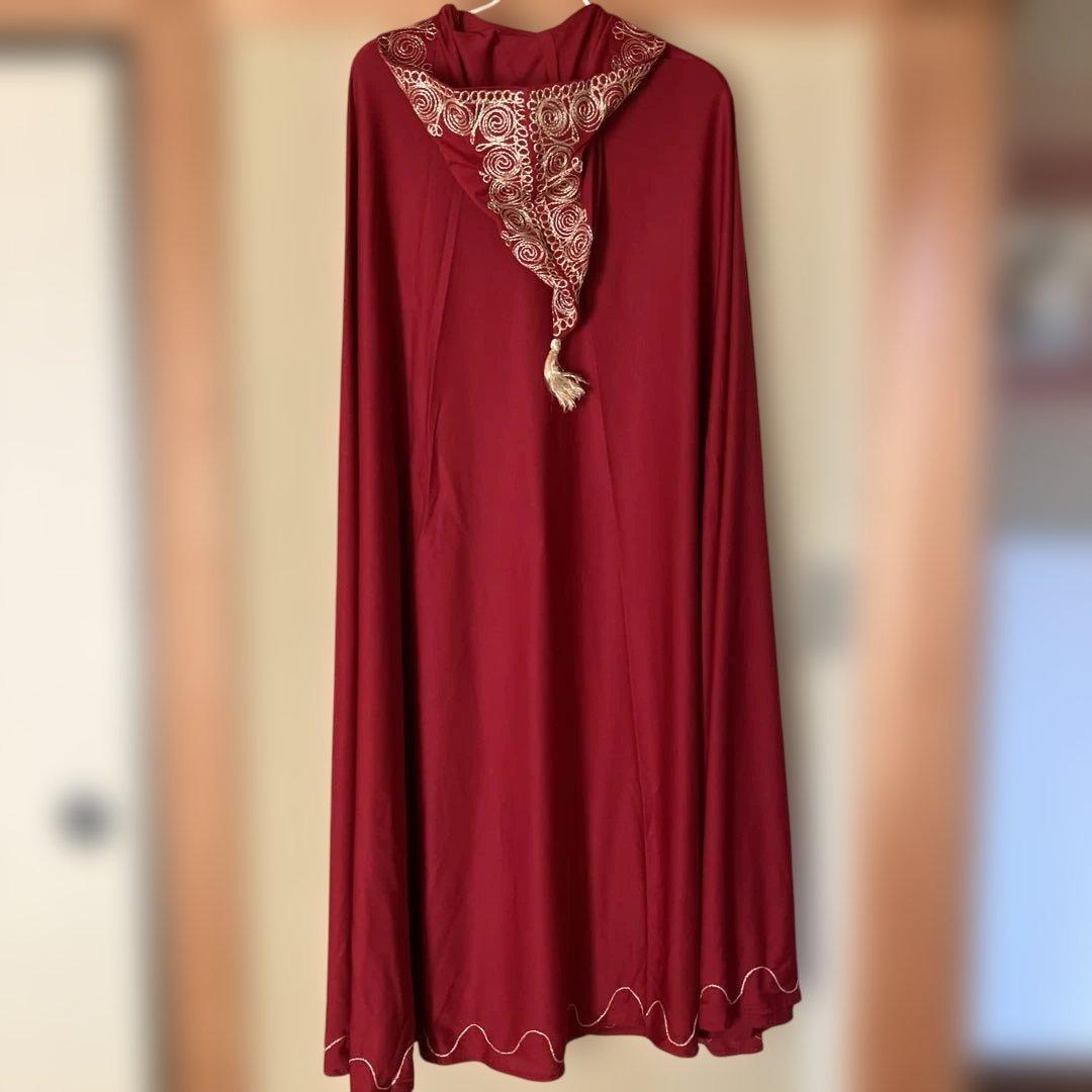 ｟チュニジア民族衣装｠バーガンディ刺繍フード付きロングドレス