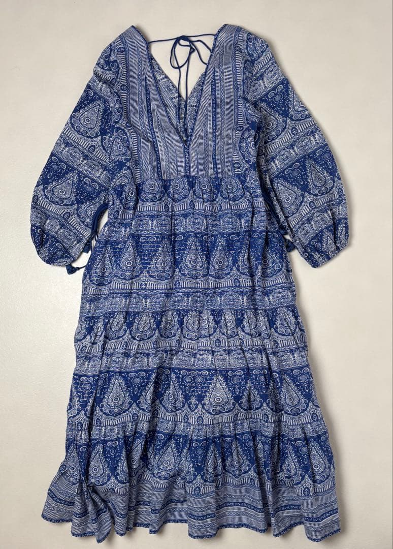 サラマリカ エスニック プリント リボン ワンピース ティアード　青
