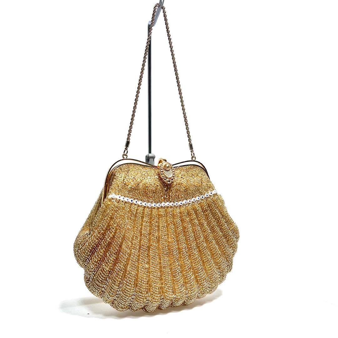 【美品】KUJAKUDO/ビーズ刺繍/ゴールド系色/ハンドバッグ/ビーズバッグ