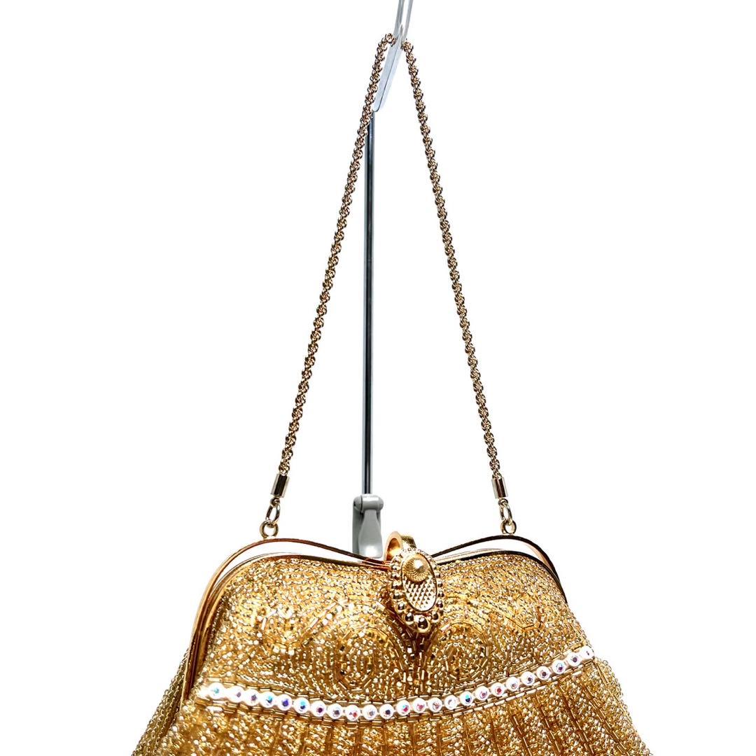 【美品】KUJAKUDO/ビーズ刺繍/ゴールド系色/ハンドバッグ/ビーズバッグ