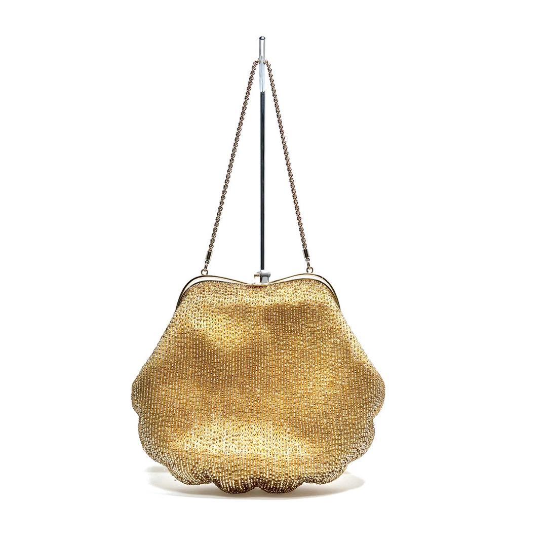 【美品】KUJAKUDO/ビーズ刺繍/ゴールド系色/ハンドバッグ/ビーズバッグ