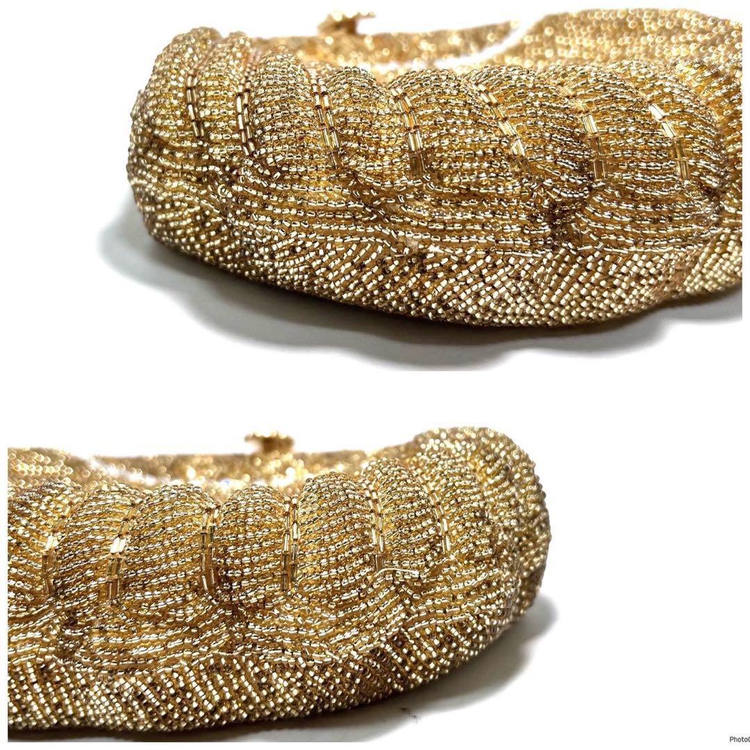 【美品】KUJAKUDO/ビーズ刺繍/ゴールド系色/ハンドバッグ/ビーズバッグ